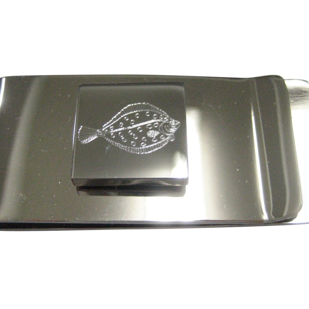 Silver Toned Square Etched Flounder Halibut Flatfish Money Clip
